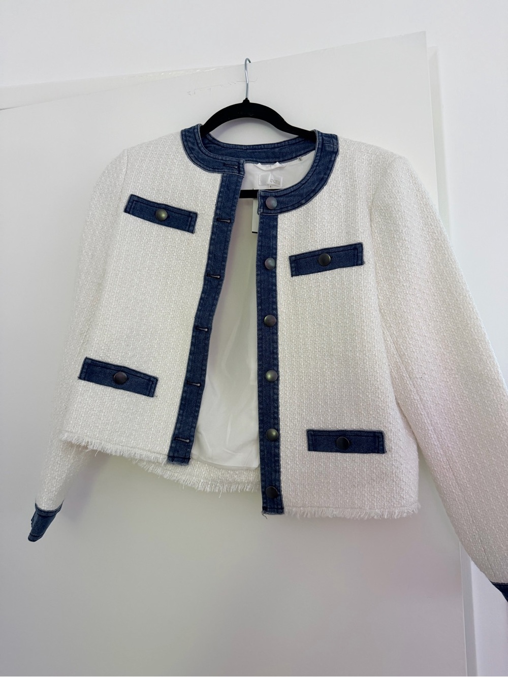 Ecru Women's White Tweed Jacket with Denim Trim